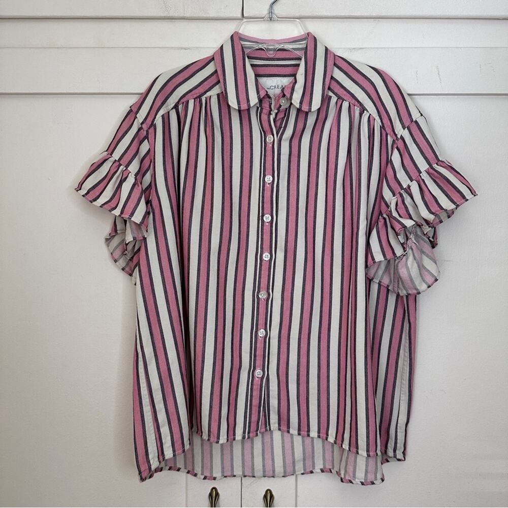 The Great Pink Stripe Ruffle Sleeve Top 0